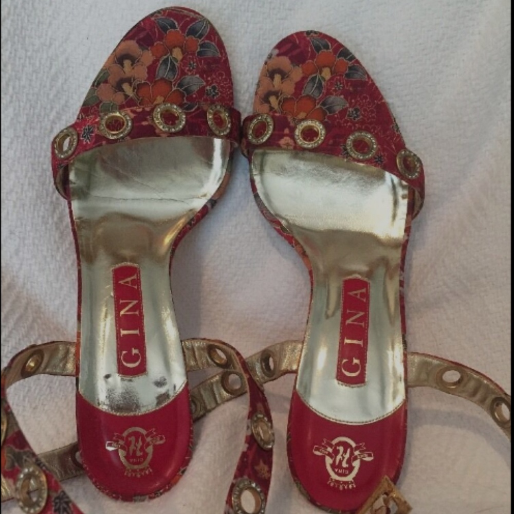 RARE Gina Red Floral Heeled Wrap Sandals Womens 5 US 7 England Sandal Crystal